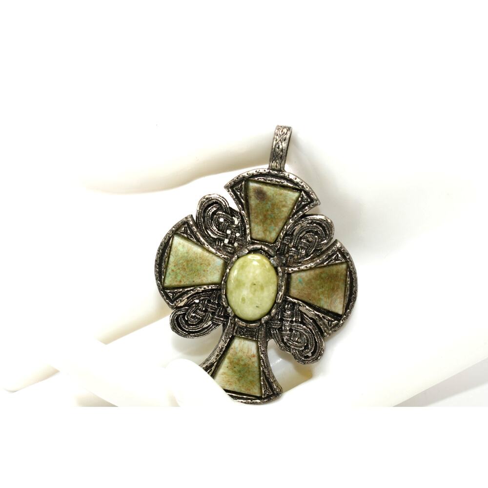 Vintage Silver Tone Cross Pendant Green Faux Stones 2.5 Inch